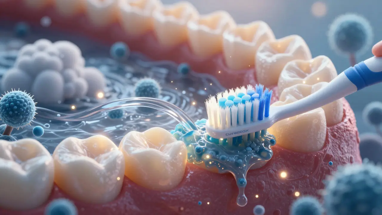 Mikroskopický pohled na bakterie a kyselinu, které poškozují sklovinku, zatímco sliny brání útoku.