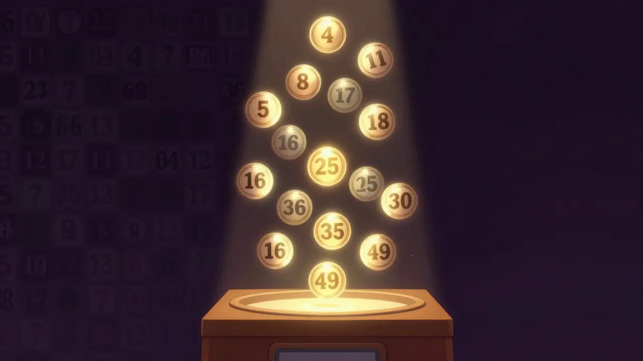 Plovoucí losovací koule s osvětlenými čísly, kde některá jsou zvýrazněna a jiná tlumena.