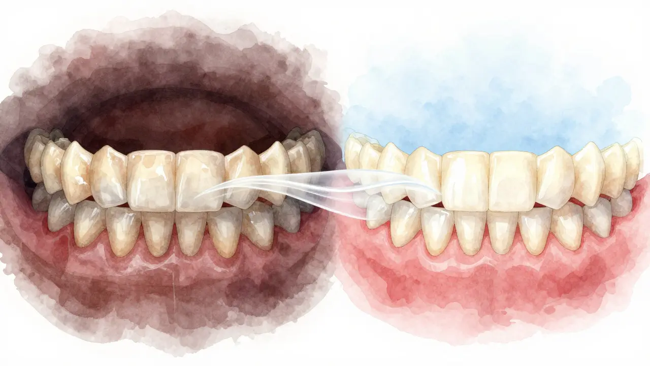 Porovnání barvy zubů před a po domácím bělení: od žloutavého odstínu k přirozeně bílému.