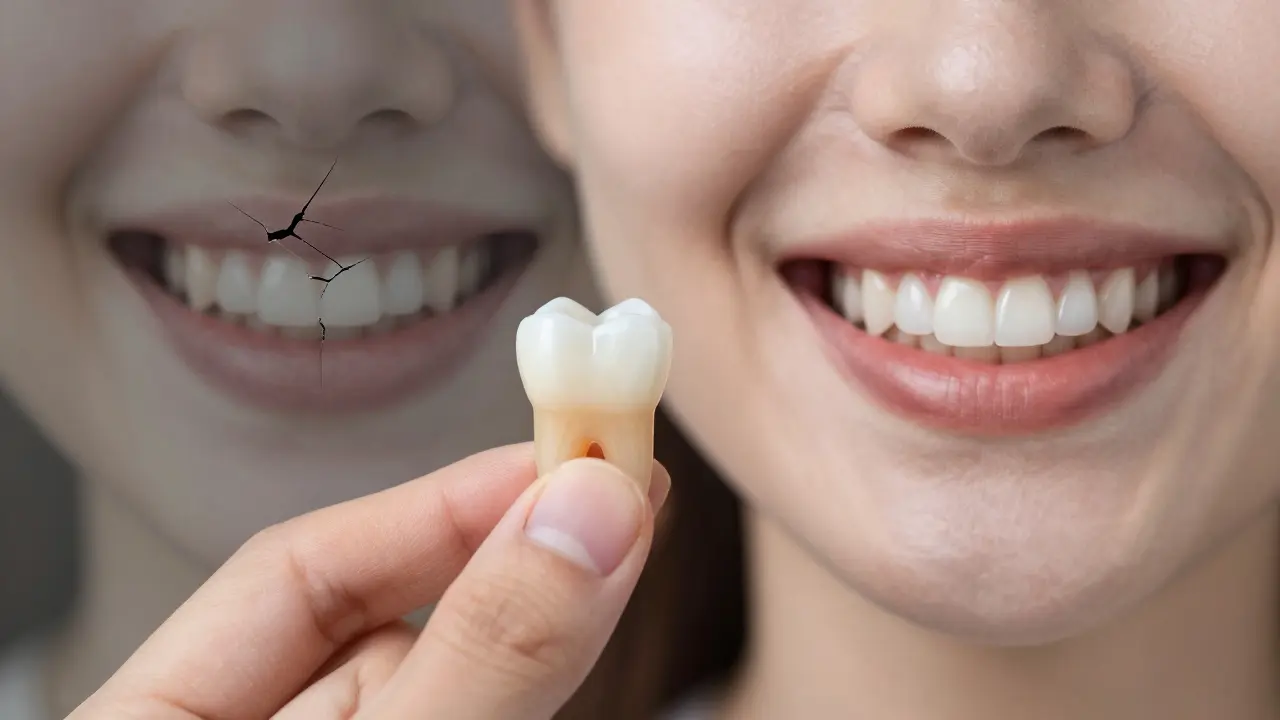 Porovnání dočasného a přirozeného zubu s kontrastním pozadím.