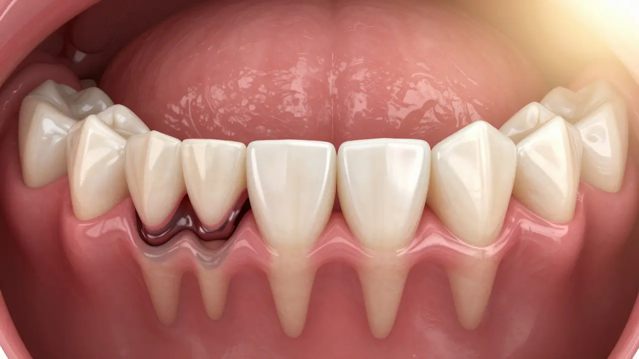 Porovnání zdravých a nemocných dásní: před a po profesionálním čištění.