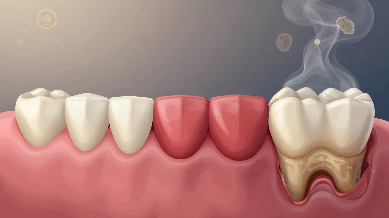 Postupné poškození dásní a kosti kolem předních zubů