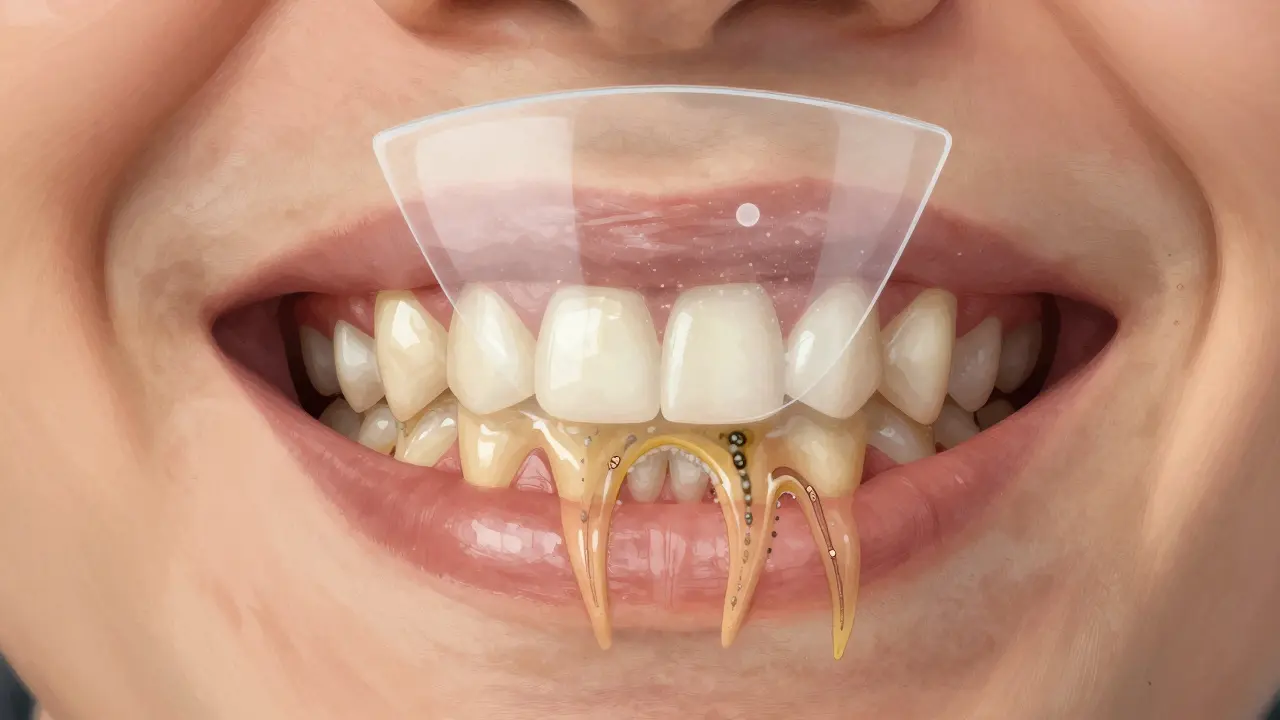 Příčný řez úst s odtaženými dásněmi a náležitým nánosem zubního kamene na kořenech zubů.