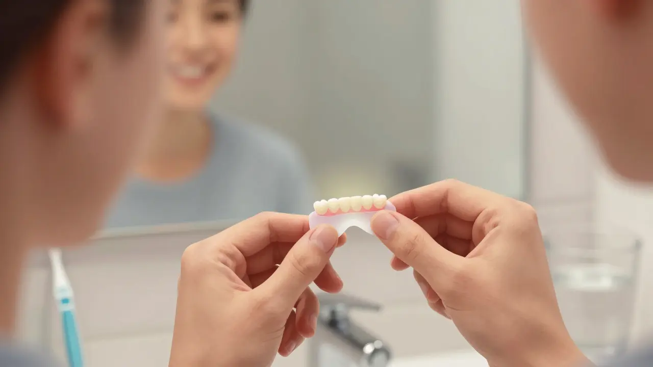 Přiložení dočasných zubů prsty před zrcadlem v koupelně.