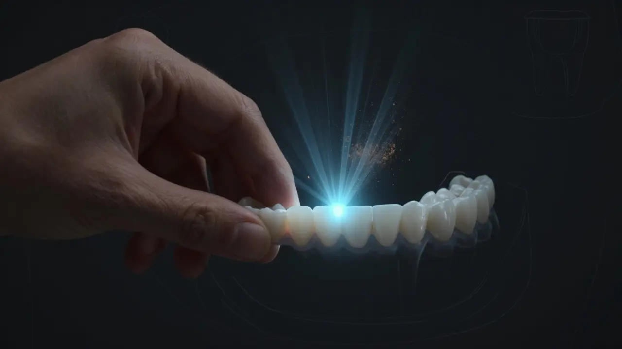 Ruka vkládá bělící fólii do úst, světelné paprsky symbolizují účinek gelu na sklovinku.