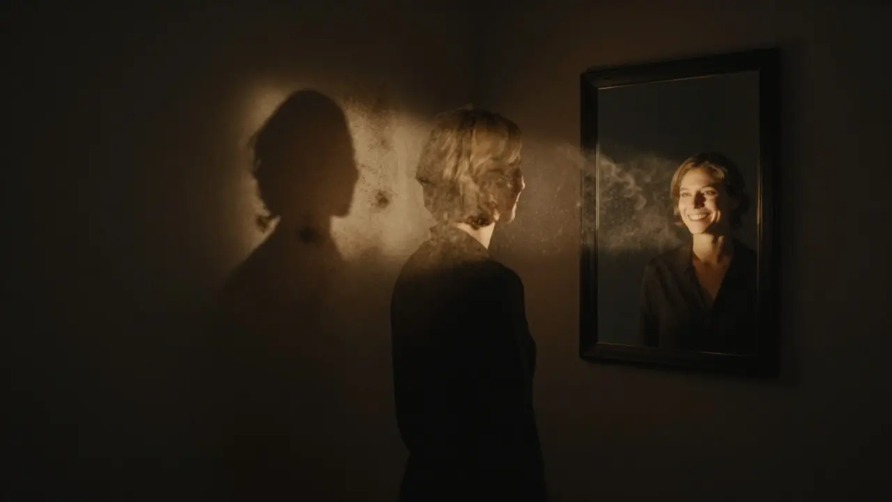 Silueta osoby v temnotě, jejíž úsměv září zlatým světlem, symbolizující sebevědomí.