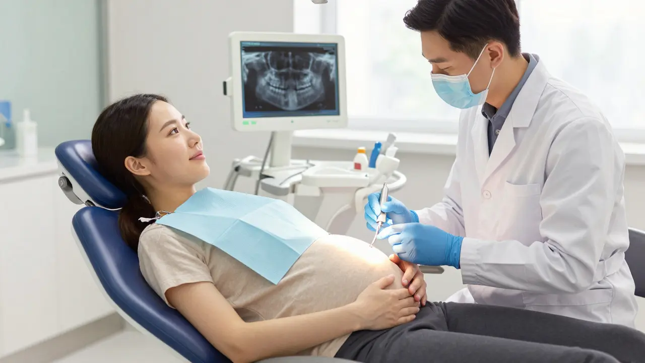 Těhotná žena dostává profesionální zubní čištění, lékař používá nástroje, olověná zástěra chrání břicho.