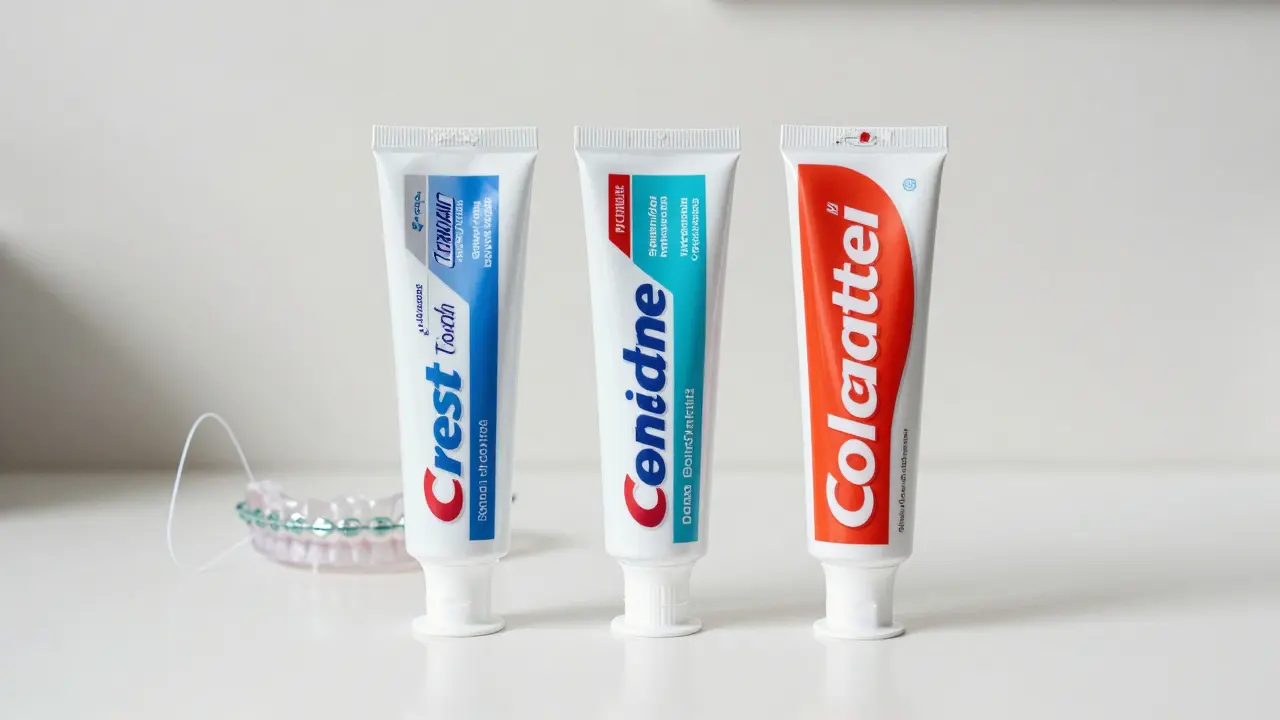 Tři speciální pasty na rovnátka s vyznačenými klíčovými složkami, položené na čistém povrchu.