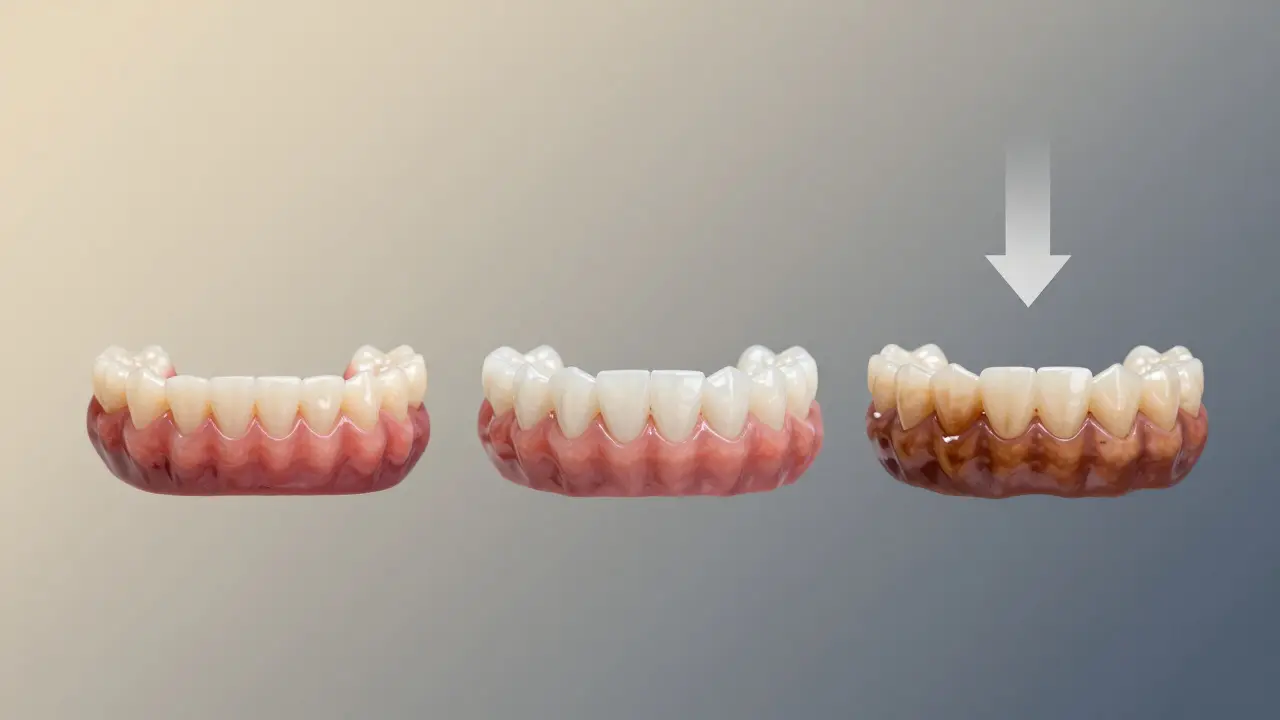 Tři srovnávací zubní oblouky s různými výsledky bělení.