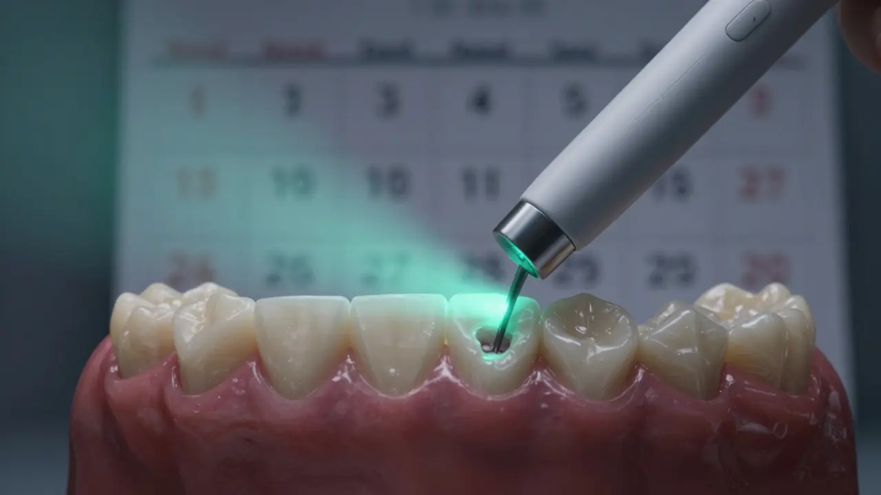 Ultrazvukové vyšetření odhaluje skrytý mezizubní kaz pod dásněmi u starších zubů.