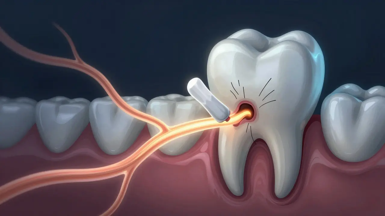 Vnitřní nerv v zubu svítí slabě, zatímco je zakrytý bílou výplní, symbolizující hojení.
