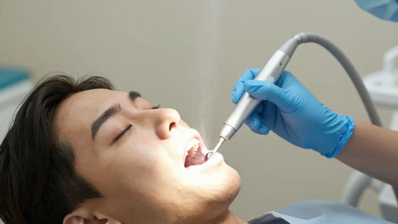 Zubní hygienik používá ultrazvukový nástroj při čištění pod dásní, pacient je klidný.