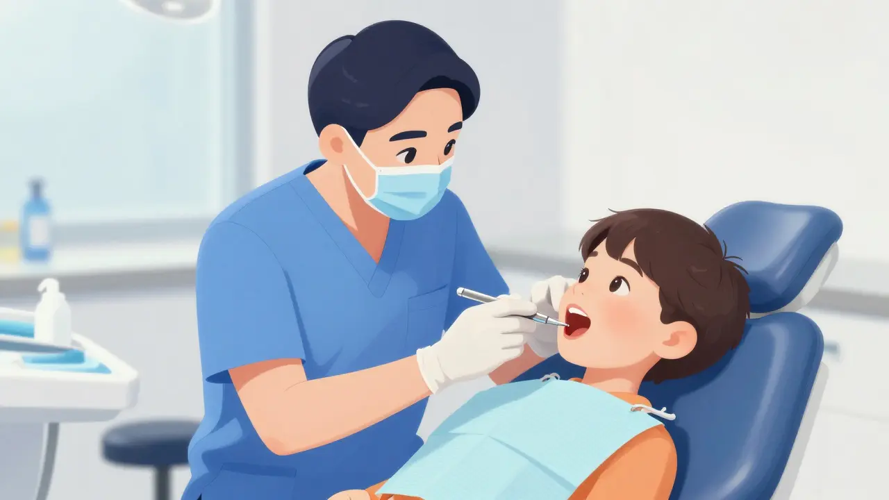 Zubní lékař vyšetřuje dítě v moderní ordinaci na preventivní prohlídce.