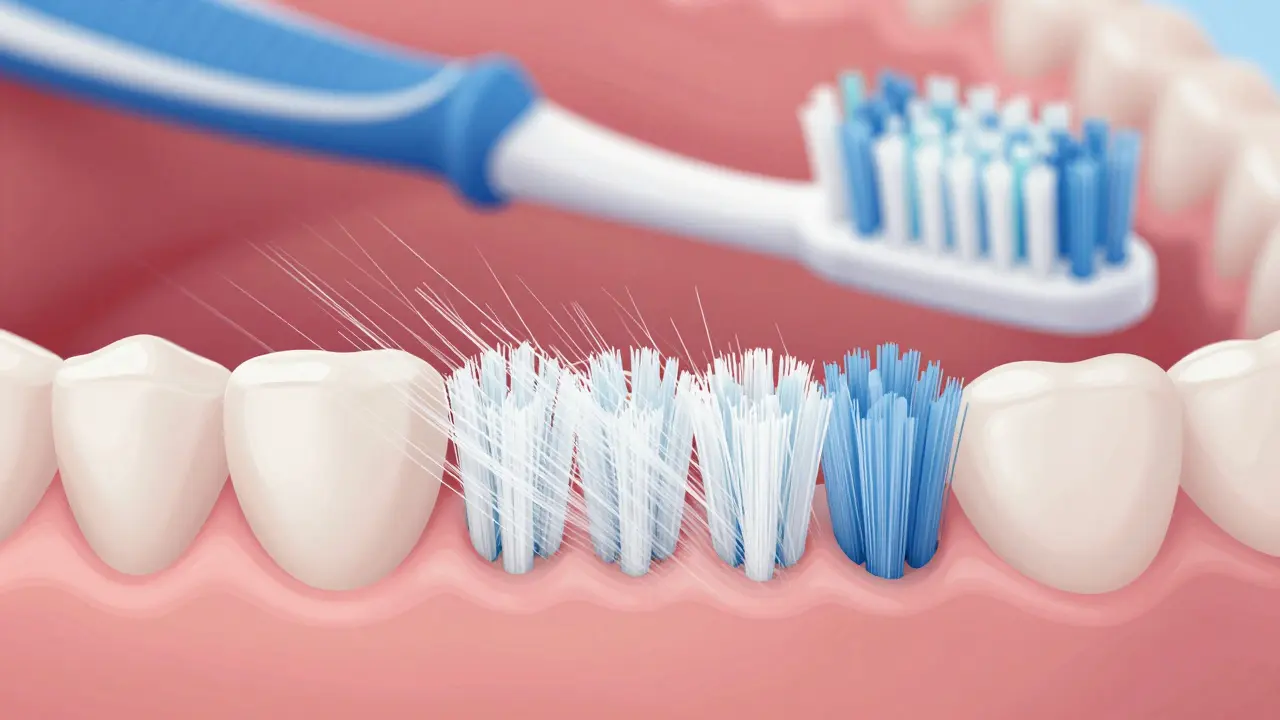 Zvětšený pohled na štětiny Curaprox, jemně se dotýkající dásní bez poškození.