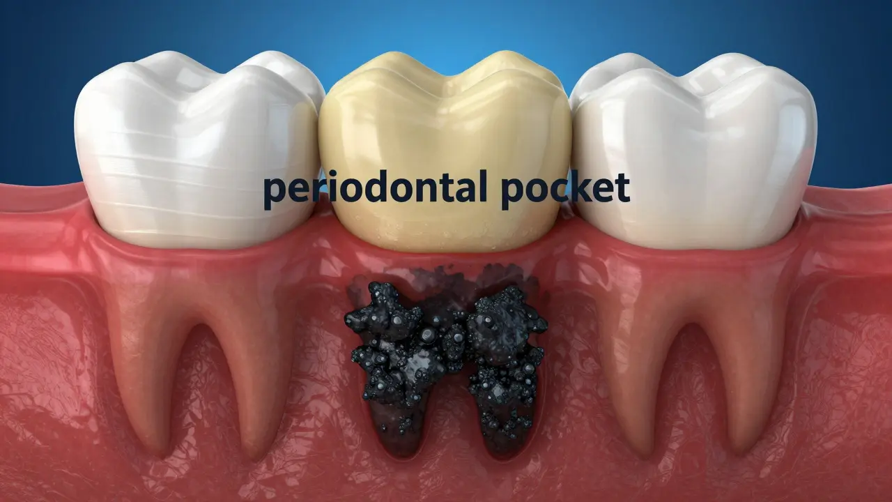 3D ilustrace černého zubního kamene v parodontální kapse pod dásní.