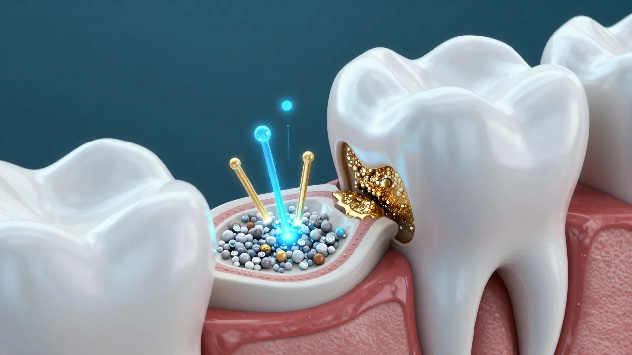 3D ilustrace procesu remineralizace zubní skloviny pomocí minerálů.