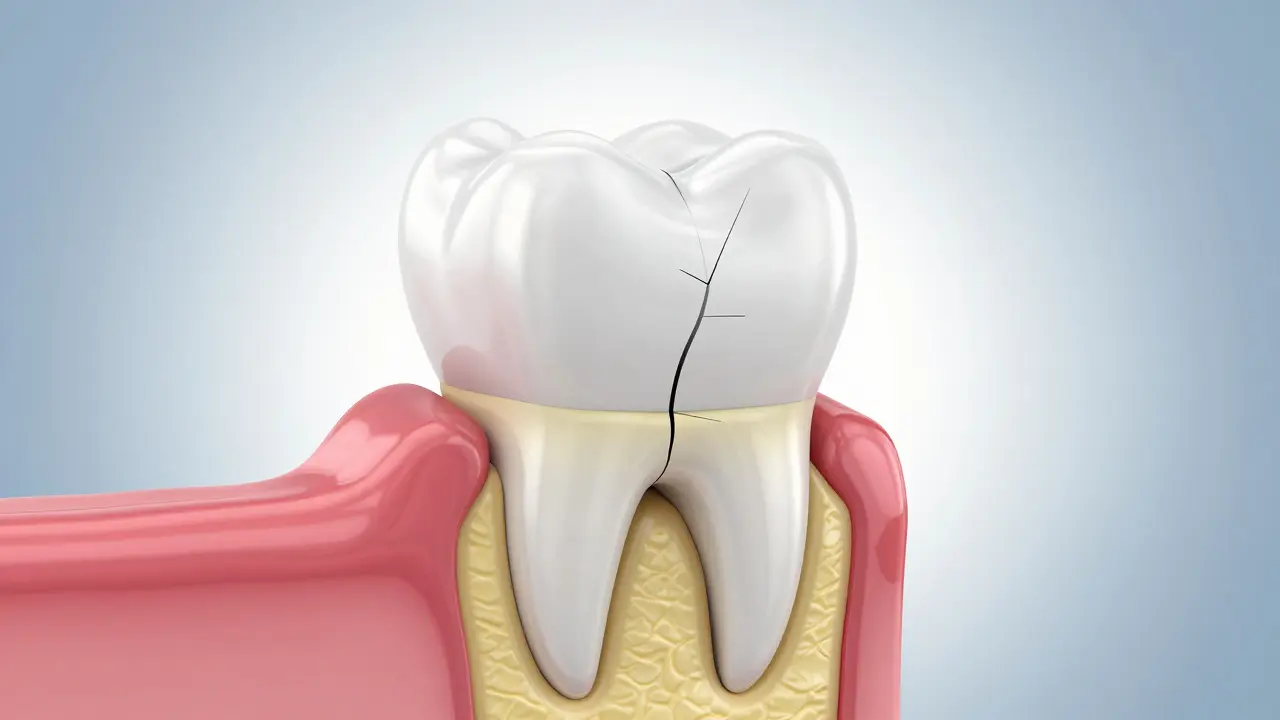 3D ilustrace průřezu zubu znázornující povrchovou prasklinu a hlubokou frakturu.