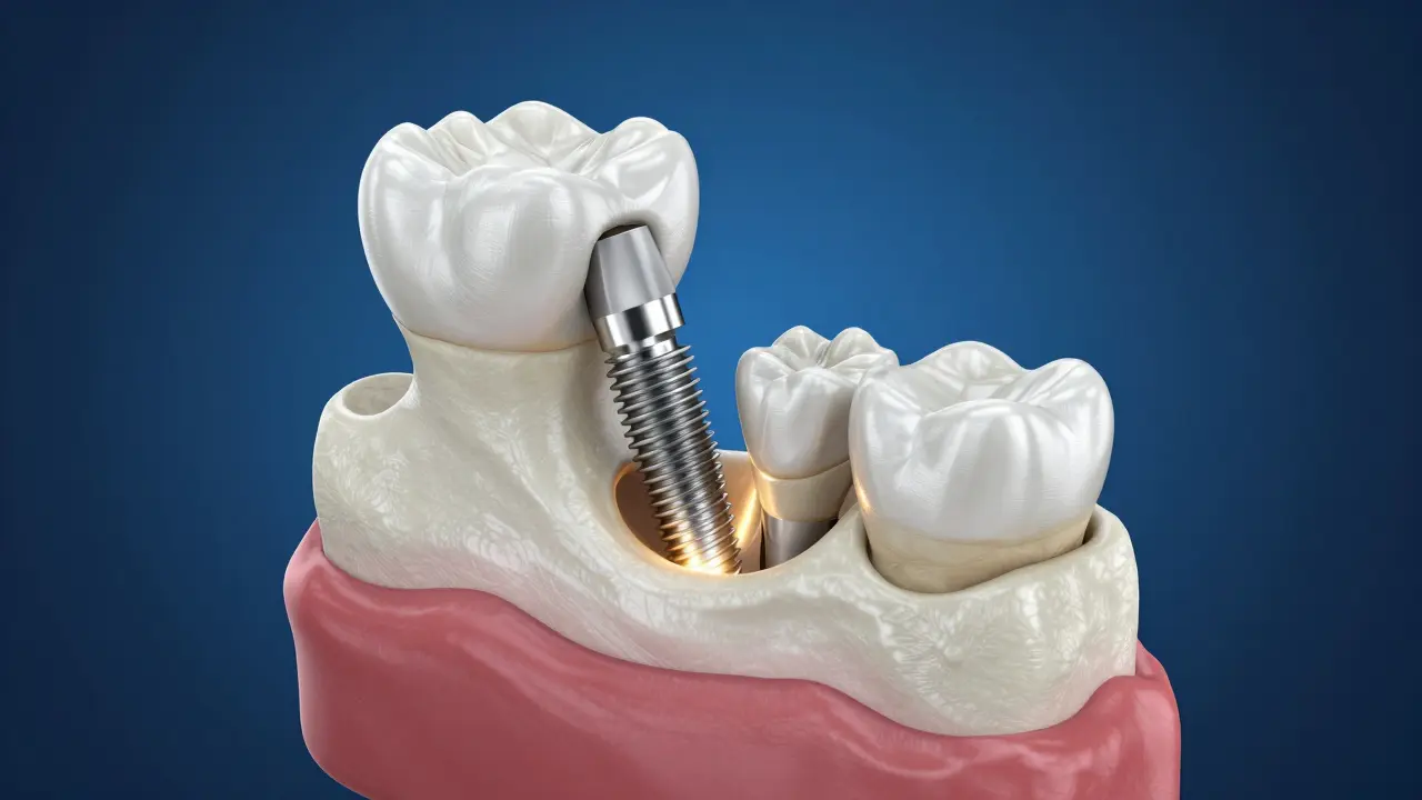 3D ilustrace titanového implantátu srůstajícího se s čelistní kostí.