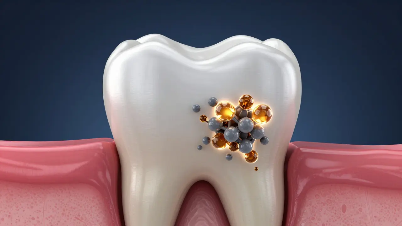 3D ilustrace vnitřní struktury zubu s vázaným tetracyklinem v dentinu.