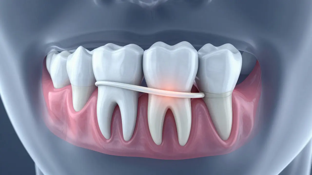 3D lékařská vizualizace retinovaného zubu moudrosti tlačícího na sousední zub.