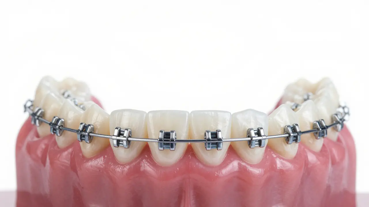 Detail fixních rovnátka pomáhajících s přemístěním retinovaného zubu na správné místo.