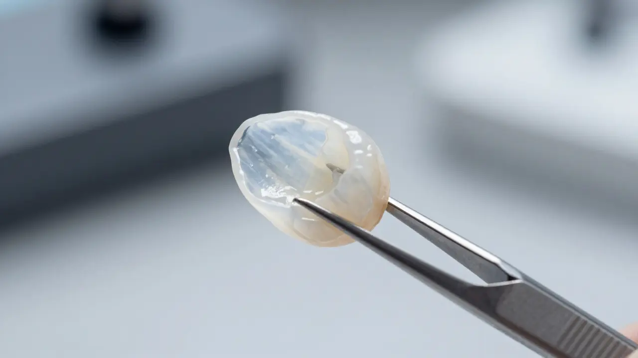 Detail porcelánové fazety držené pinzetou v zubní laboratoři.