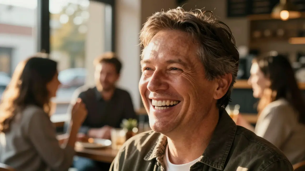 Detail šťastného člověka s přirozeným a zdravým úsměvem díky implantátům.