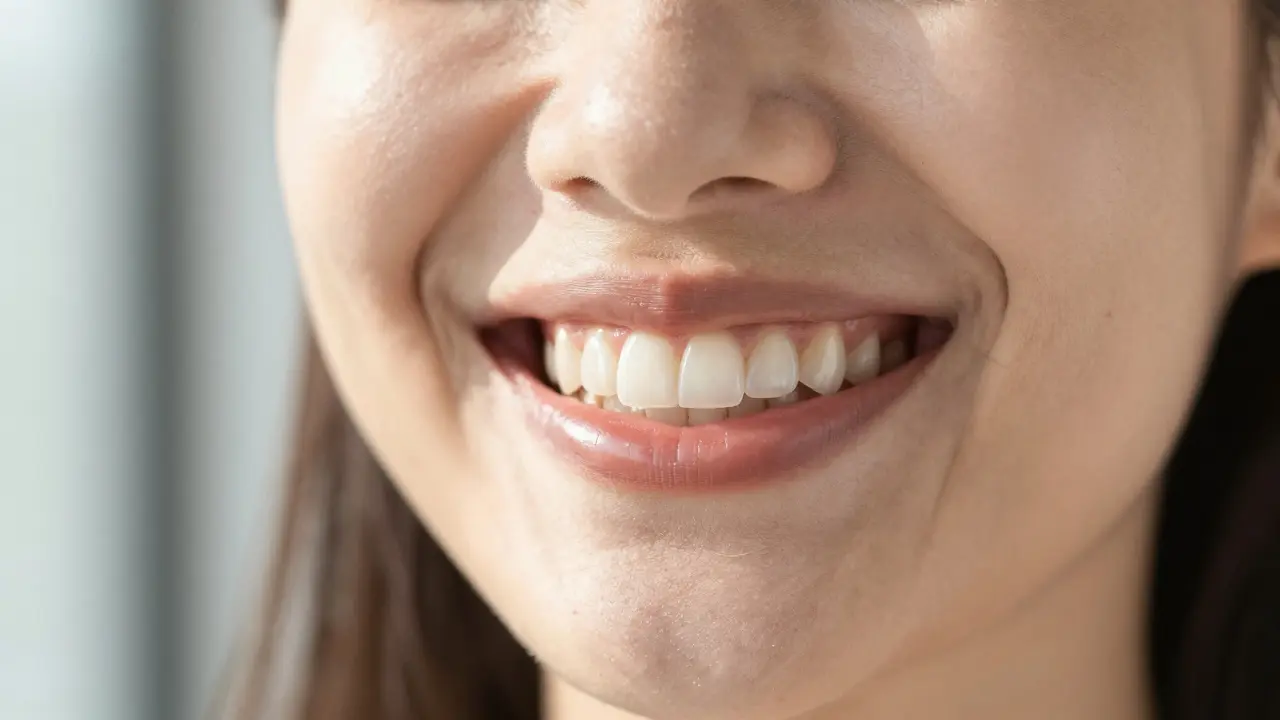 Detailní úsměv člověka s přirozenými keramickými vinyýry v přirozeném světle.