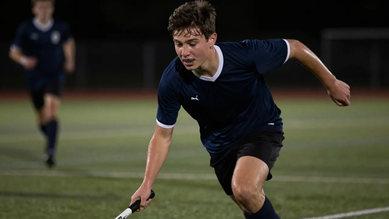 Dynamický záběr na sportovce v akci s viditelným ortodontickým aparátem.