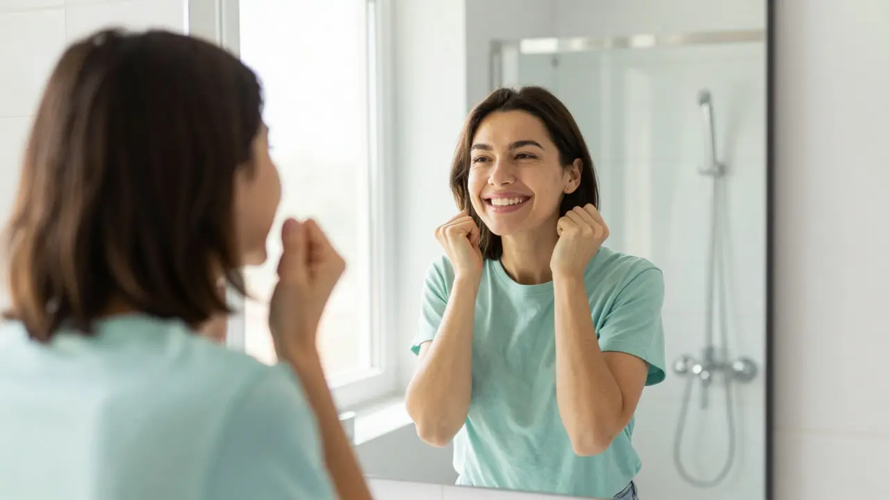 Kňupající se člověk s sebevědomým úsměvem před zrcadlem v koupelně.