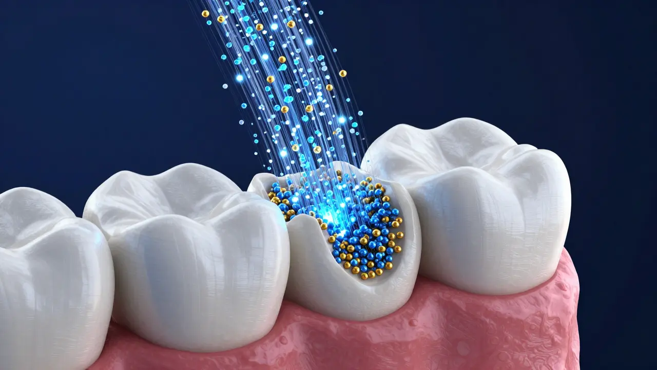 Koncepční ilustrace procesu remineralizace skloviny zubu pomocí minerálů.