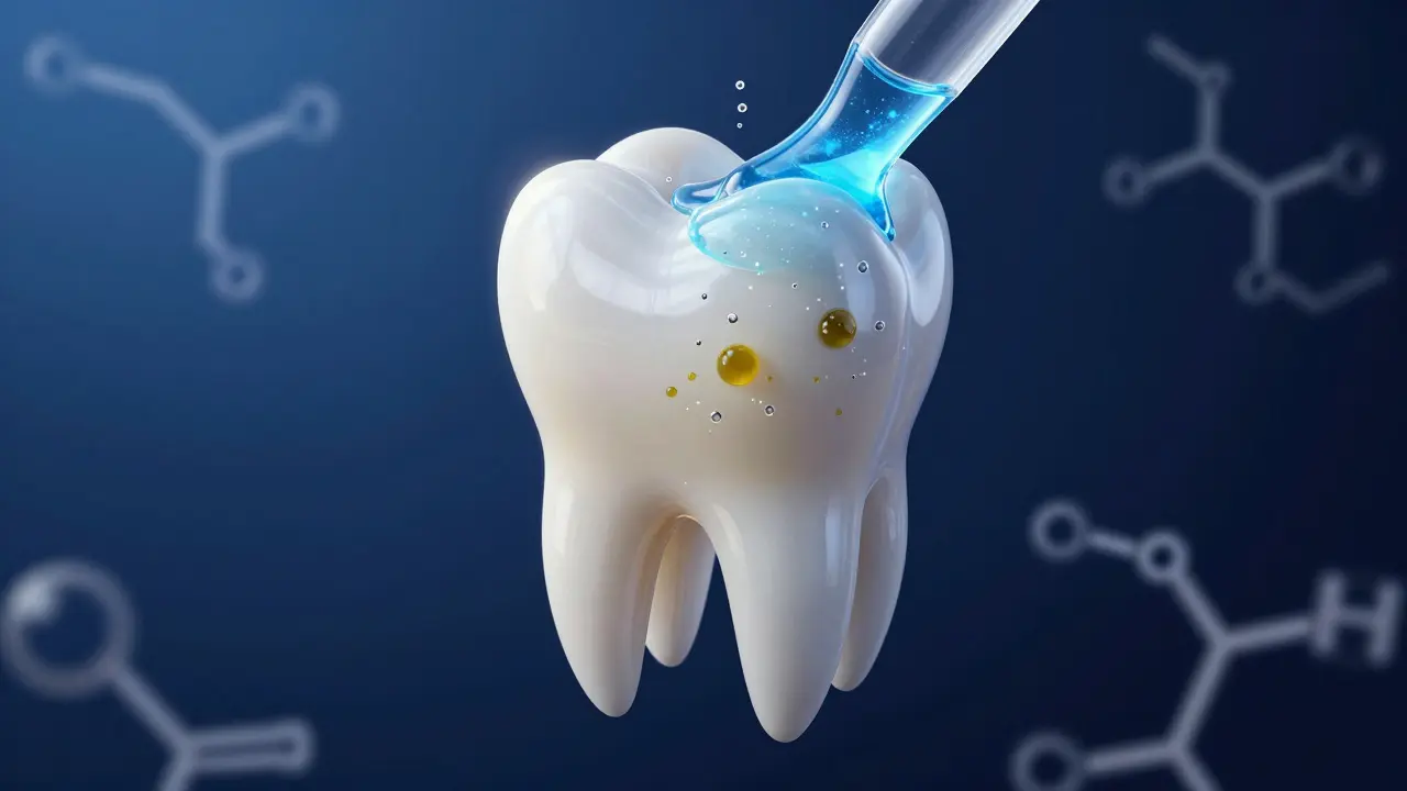Konceptuální 3D vizualizace procesu bělení zubů pomocí gelu a kyslíkových bublin.