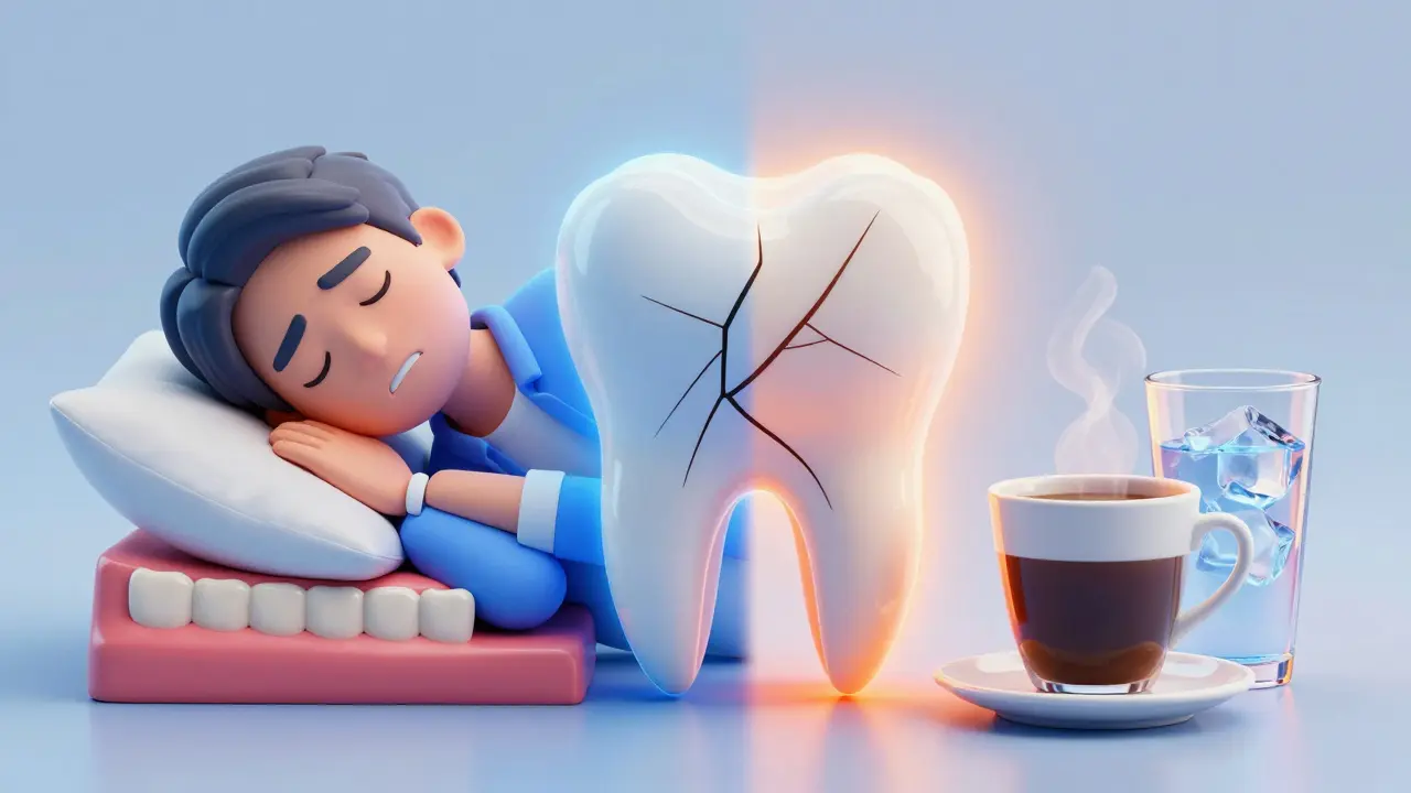 Konceptuální ilustrace příčin prasklin zubů: stresové skřípání zubů a teplotní šoky.