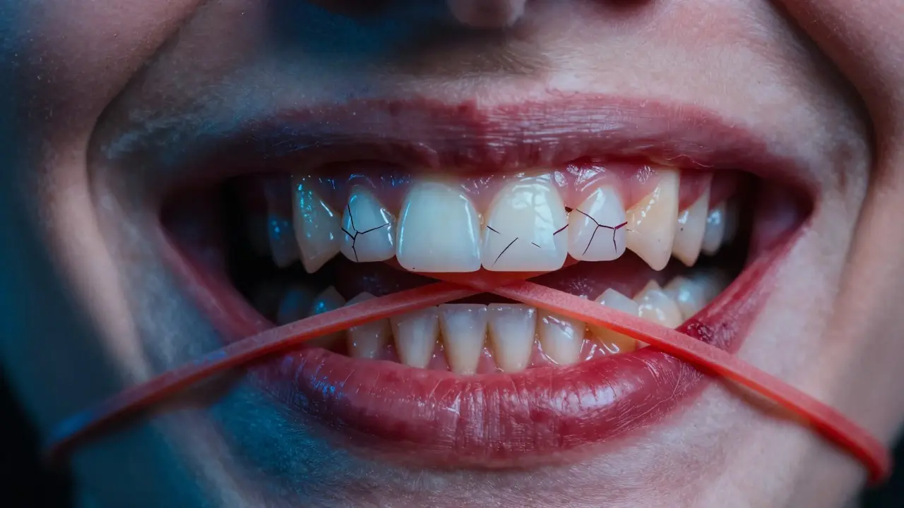 Konceptuální ilustrace rizik domácího rovnání zubů pomocí gumiček.