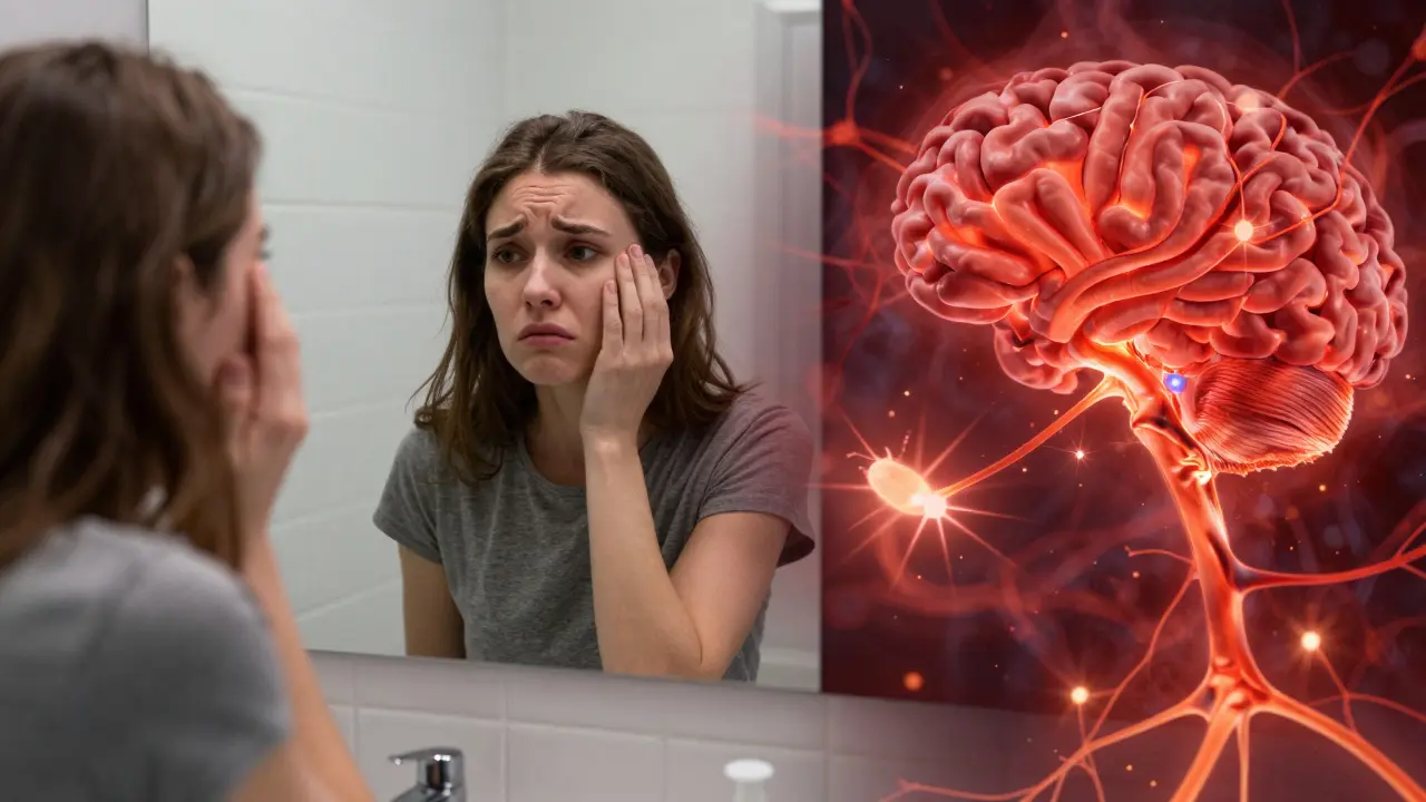 Konceptuální obraz spojení zánětu dásní a psychického stresu v mozku.