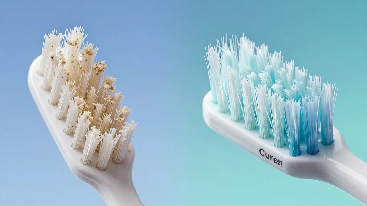 Konceptuální srovnání drsných nylonových štětin a jemných, hedvábných vláken Curen.