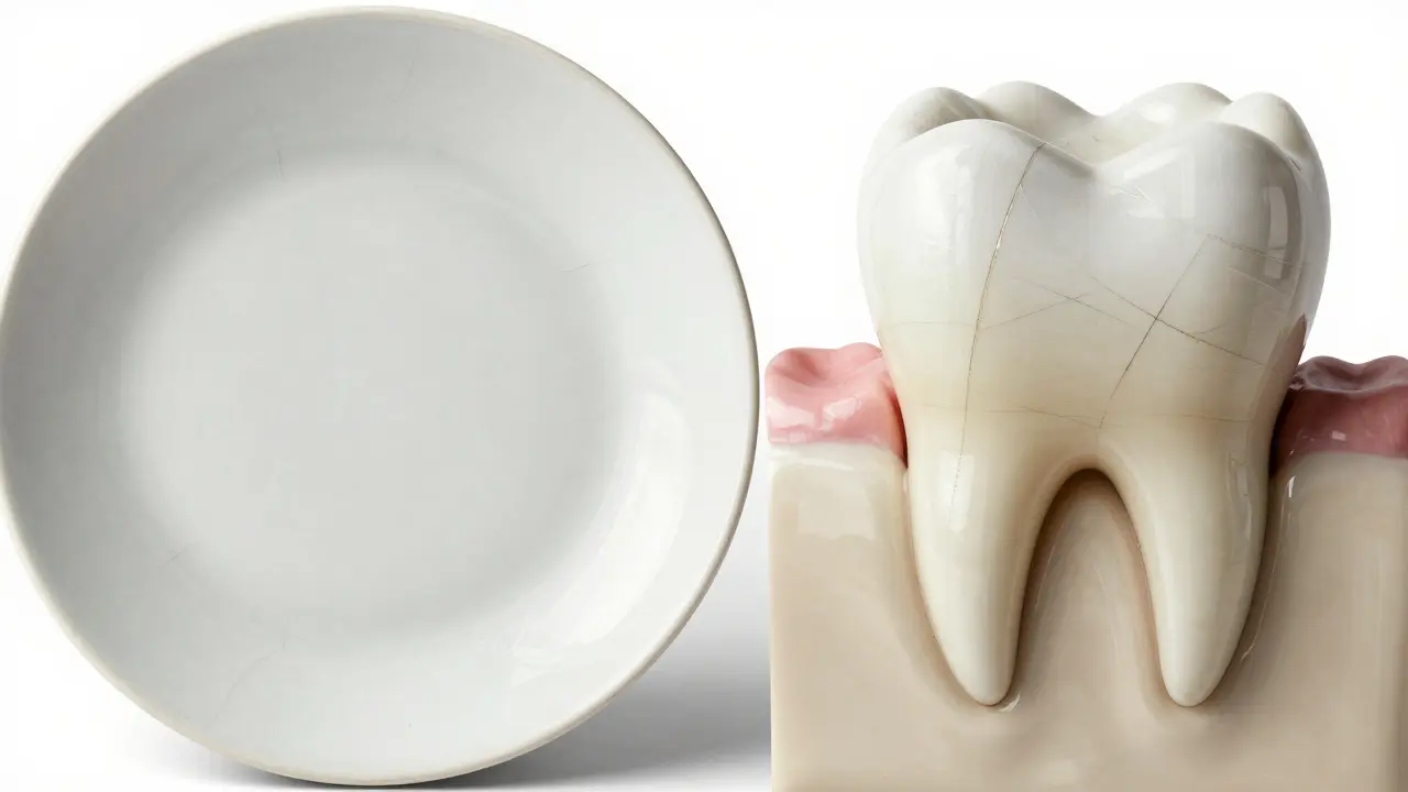 Konceptuální srovnání prasklin v glazu starého porcelánu a v zubní sklovine.