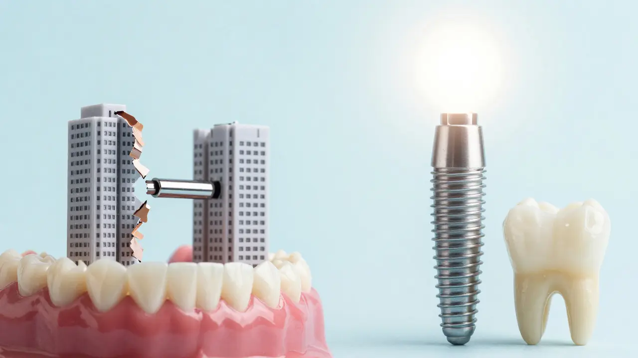 Konceptuální srovnání samostatného implantátu a zubního můstku.