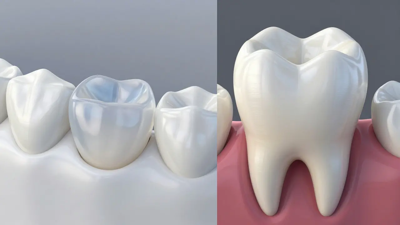 Kresba srovnávající tenkou keramickou fasetu a pevnou zirkoniovou korunku.