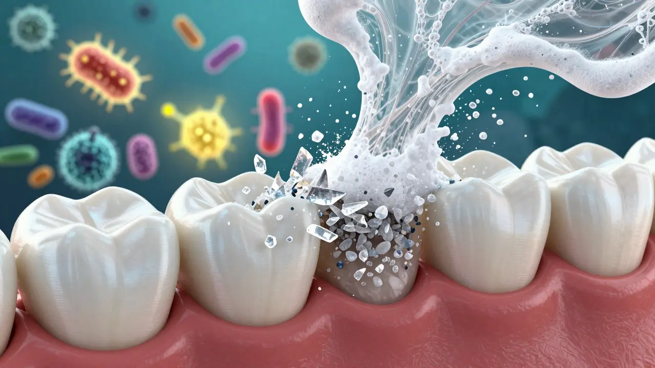 Mikroskopický pohled na abrazivní krystalky poškozující zubní sklovinu a bakterie.