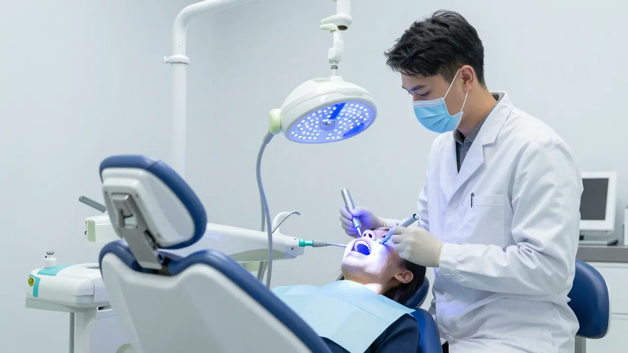 Profesionální bělení zubů s LED lampou v moderní zubní ordinaci.