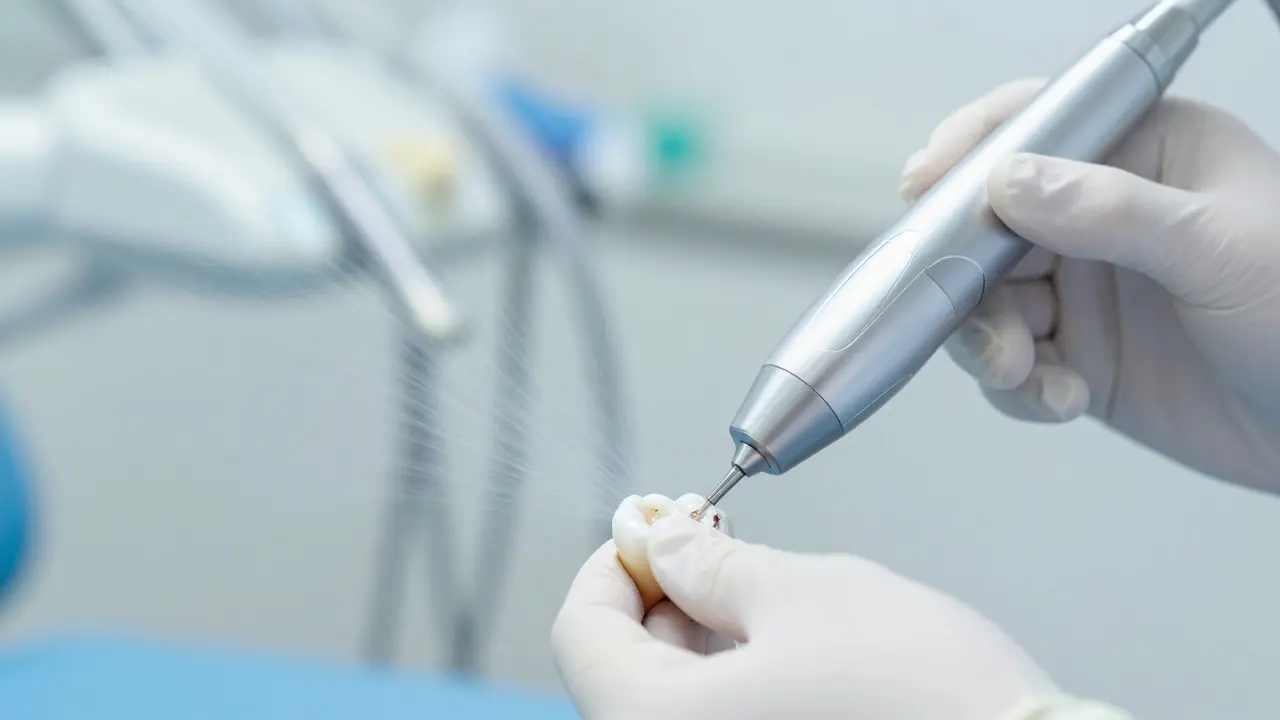 Profesionální ultrazvukové čištění zubů u stomatologa.