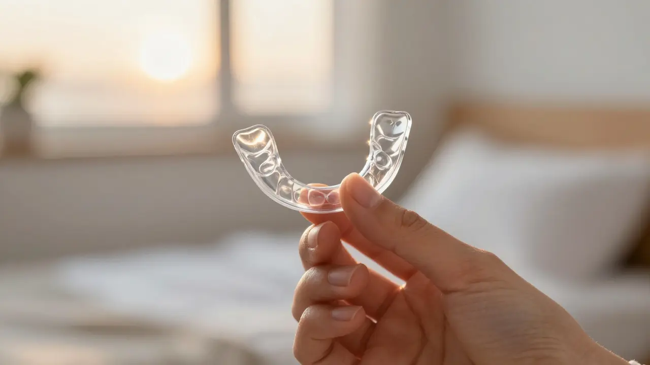 Průhledná ochranná dlaha proti škripání zuby v jemném domácím prostředí.