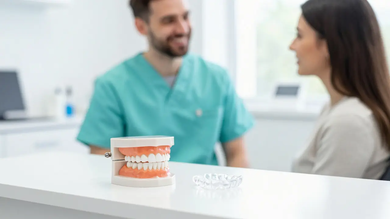 Průhledné alignery a 3D model chrupu v moderní ortodontické klinice.