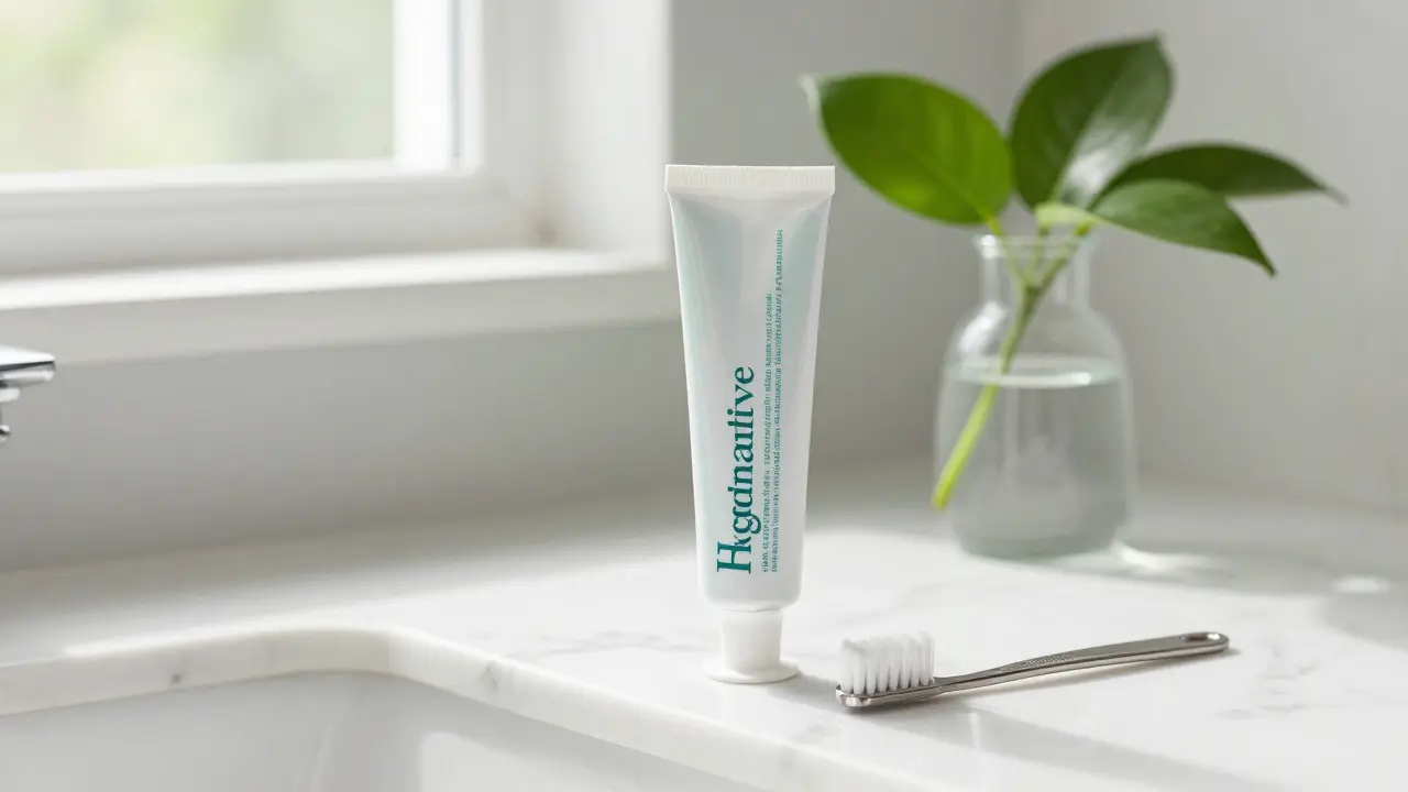 Regenerační zubní pasta a čistič jazyka na mramorovém povrchu v přirozeném světle.