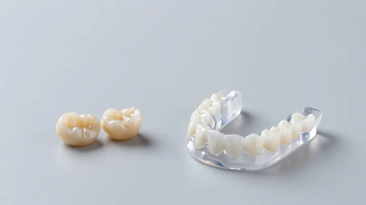 Sada dentálních řešení: keramická korunka, bonding a průhledná noční dlaha.