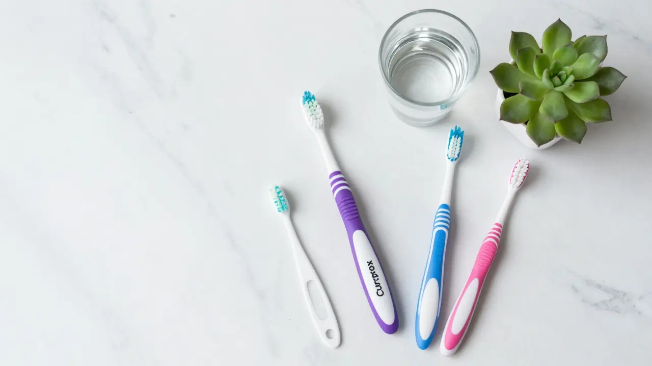 Sada kartáčků Curaprox a mezizubních kartáčků na mramorové desce v moderním stylu.