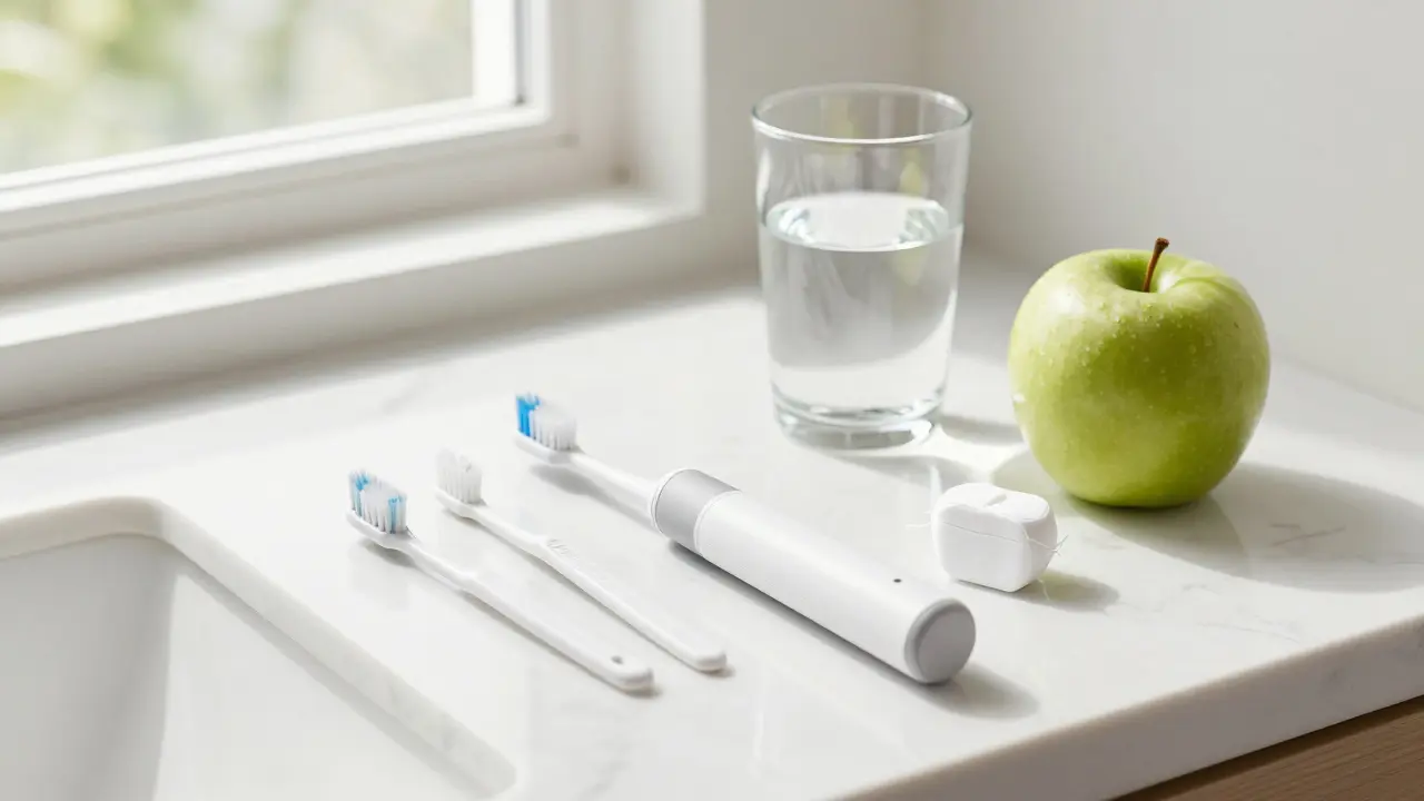 Sada pomůcek pro prevenci zubního kamene na koupelnové desce.