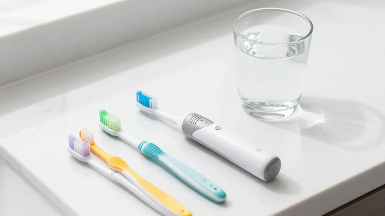 Sada pro péče o zuby včetně sonického kartáče a mezizubních kartáčků.