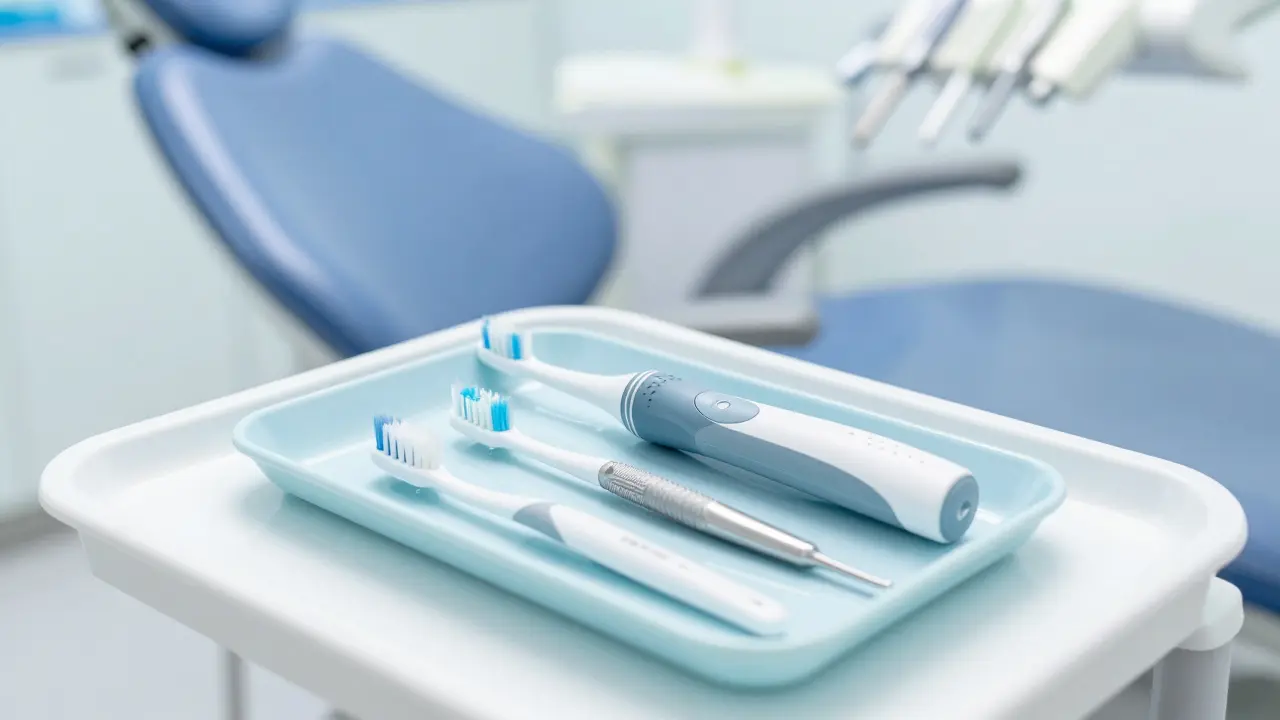 Sada pro prevenci paradentózy včetně elektrického kartáčku a mezizubních pomůcek.